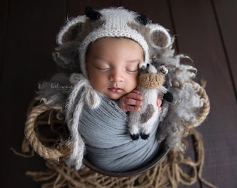 Knit Bull Toy and Hat: Newborn Photo Prop, Farm Animal Costume