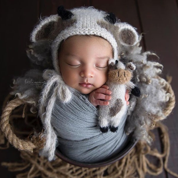 Knit bull toy and hat Newborn boy photo prop   Stuffed Farm Animals Ox Photo Prop Bull stuffie Cow Photo  Toy Knitted  toy Baby shower