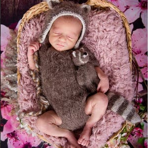 Peut inclure: Un nouveau-n&eacute; v&ecirc;tu d'un costume de raton laveur en tricot brun et gris dort dans un panier en osier doubl&eacute; de fausse fourrure rose. Le b&eacute;b&eacute; porte un bonnet en tricot assorti.