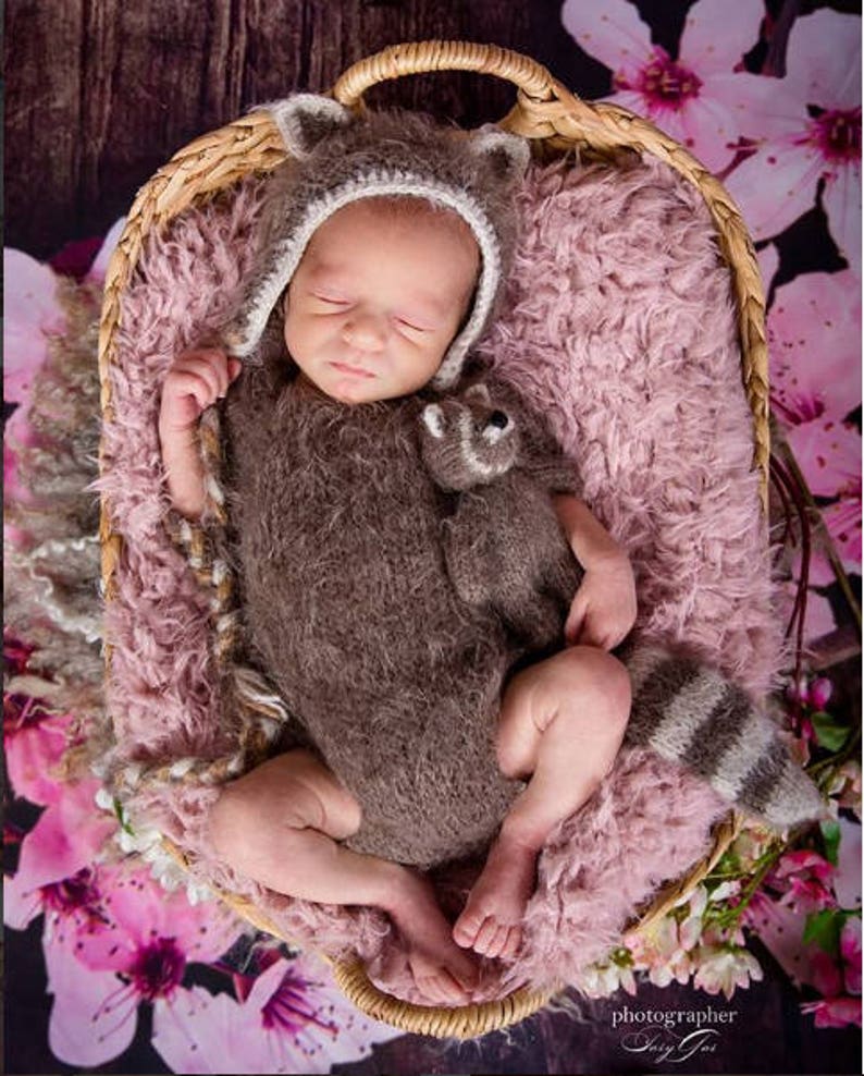 Peut inclure: Un nouveau-n&eacute; v&ecirc;tu d'un costume de raton laveur en tricot brun et gris dort dans un panier en osier doubl&eacute; de fausse fourrure rose. Le b&eacute;b&eacute; porte un bonnet en tricot assorti.