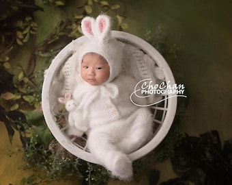 Newborn Bunny Photo Prop Set, Hand-Knit Rabbit Outfit, Baby Bonnet