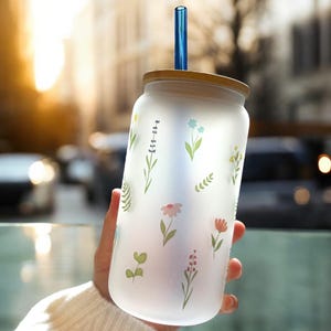 Glass tumbler floral wildflower iced coffee glass cup 16oz birthflower tumbler with bamboo lid and straw gift for friend birthday gift idea