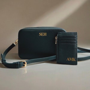 Personalice la caja de regalo de la cartera del bolso para su regalo personalizado del bolso de mano para la idea presente de la esposa cartera del titular de la tarjeta monograma cuero sintético negro