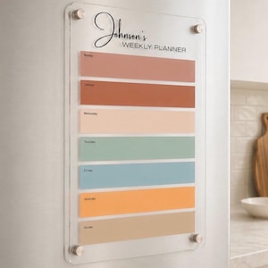 May include: A clear acrylic weekly planner, with the name "Johnson's" in script. The planner has colour-blocked sections for each day of the week, in pastel shades. It is mounted on a stainless steel fridge.