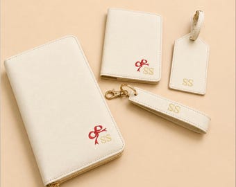 Personalised gift set jewelry pouch monogrammed passport cover and luggage tag set gift for girl friend pink bow girly gift travel set