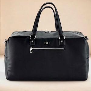 Sac de voyage personnalisé noir sac de week-end pour homme sac messager en cuir végétalien cadeau personnalisé pour mari monogramme cadeau pour papa