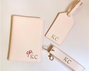 Personalised passport cover luggage tag keyring set monogrammed red bow passport cover gift for her travel set gift for daughter teen girl