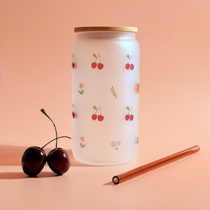 Personalized cherry tumbler iced coffee lover gift cherry frosted glass cup hand drawn tumbler gift for friend birthday gift for sister
