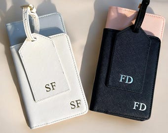 Personalised passport cover monogram luggage tag travel passport card holder organiser honeymoon gift for bride and groom custom travel set
