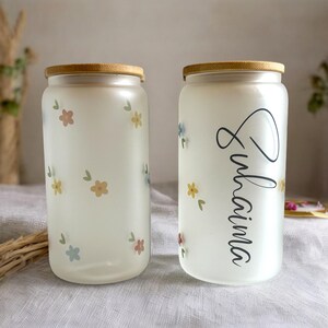Personalised Glass tumbler with name glass cup with straw and lid floral iced coffee cup custom name birthday gift for friend 16oz glass can