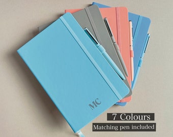 Monogrammed notebook A5 with pen present personalised initial diary gift custom vegan leather lined journal notepad with name gift for her