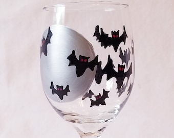 Hand Painted Halloween Wine Glass: Bats and Silver Moon