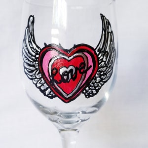 Hand Painted Wine Glass: Heart with Wings, Romantic Gift