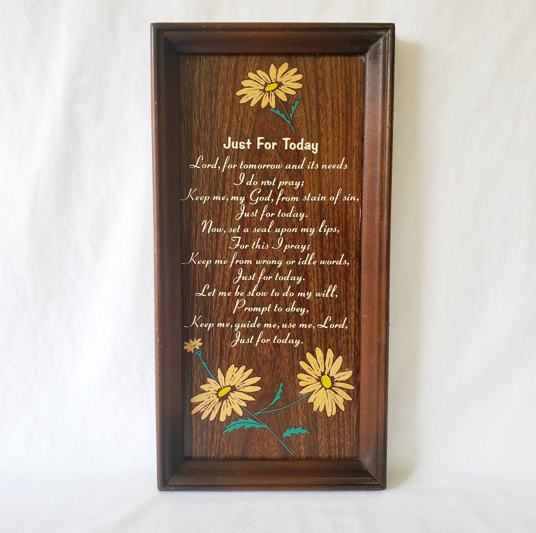 Vintage Just for Today Wall Plaque is Printed in White on a Faux Wood