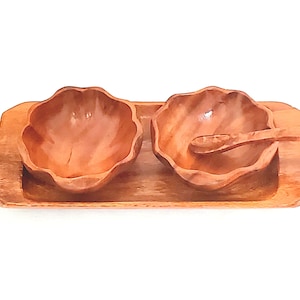Vintage Hand Carved Wooden Serving Tray with Bowls and Spoon