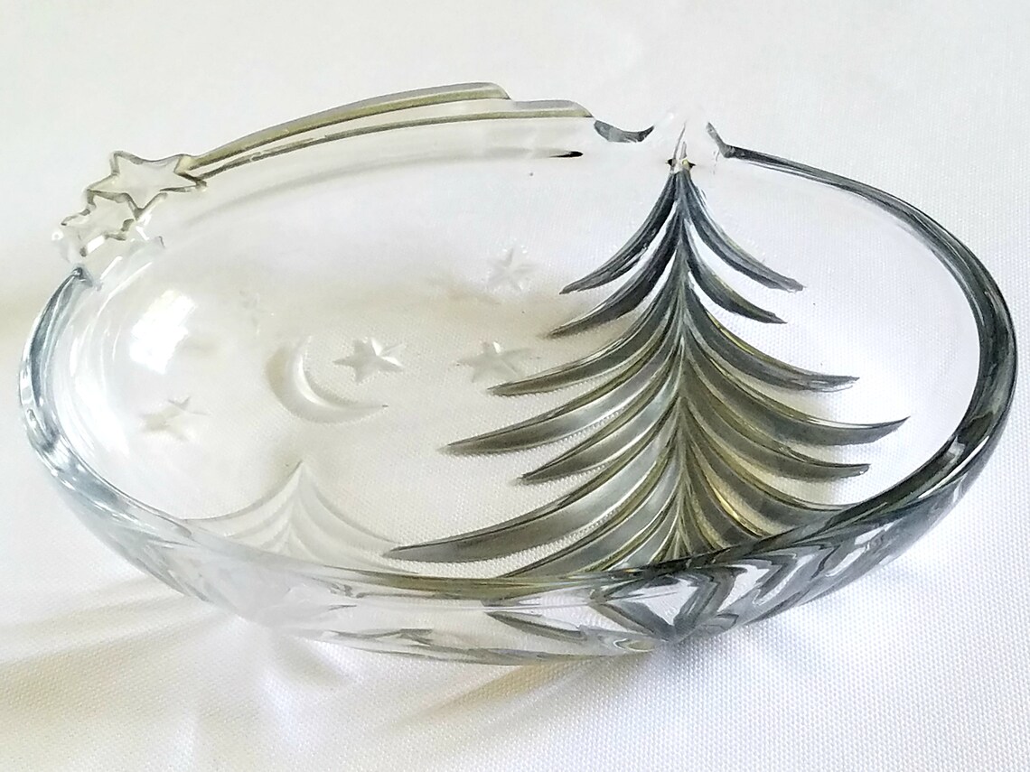 Vintage Crystal Oval Candy Dish Features 2 Silver Evergreens Etsy