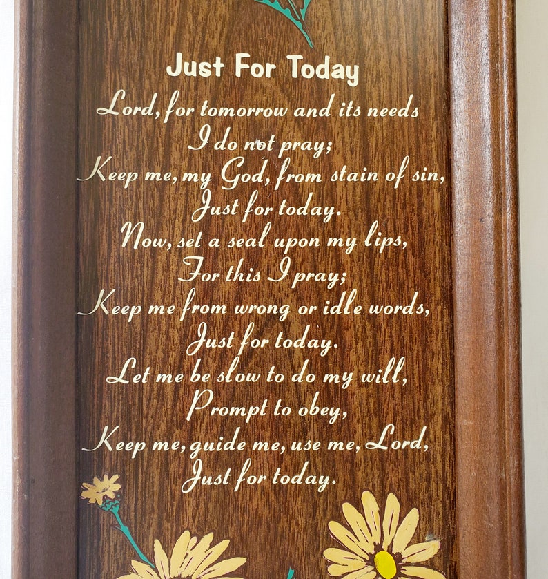 Vintage Just for Today Wall Plaque is Printed in White on a Faux Wood