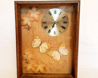 Vintage Shadow Box Clock is Handmade with Wood Surround, burlap background, orange and white flowers, 2 butterflies and a gold clock. Fab!