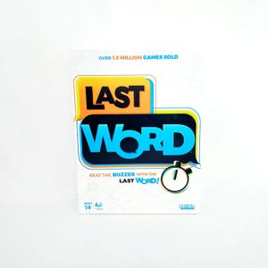 May include: A game box for the word game "Last Word" with a blue, yellow, and black design. The box features a timer and the text "Beat the buzzer with the last word!" and "Over 1.5 million games sold".