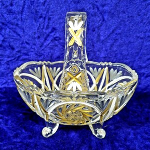 Vintage Hand-Painted Glass Basket: Scalloped Edge, Gold & Silver Floral Design