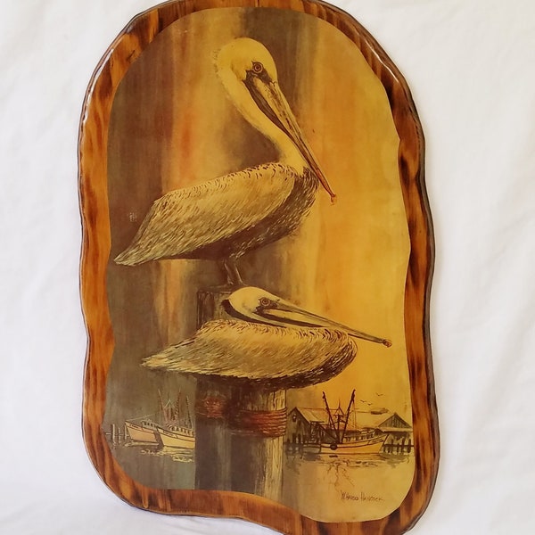 Painting of pelicans W. Harold Hancock print is beautifully mounted on Cypress wood and sealed in resin. Vintage Old Florida style.