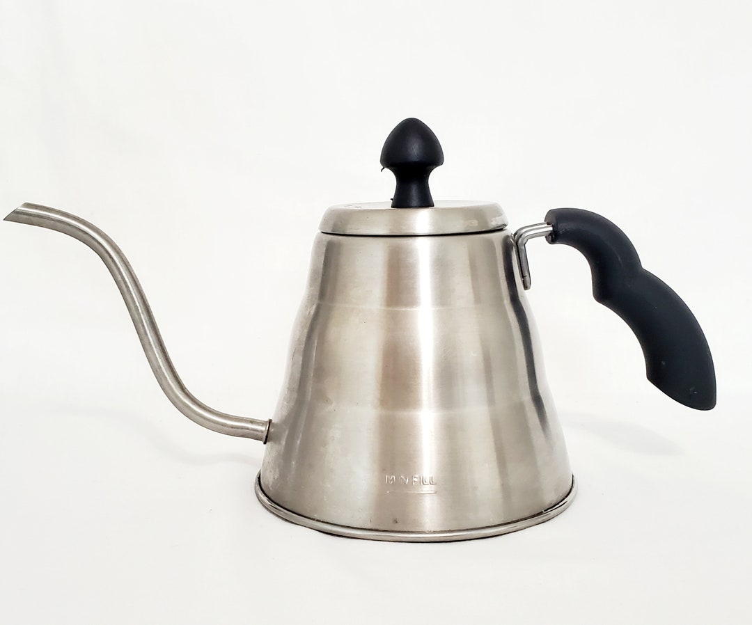 Vintage Stainless Steel Swan Neck Kettle With Curving Black Handle and