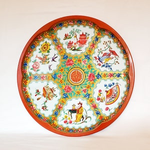 Daher Decorated Wear Large Round Metal Tray made in England, has a stylized ancient Asian design. Beautifully rendered. Excellent Find!