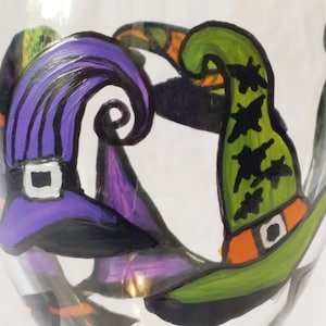 Hand Painted Halloween Wine Glass: Whimsical Witches Hats