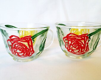 Vintage teacups with hand painted yellow and red roses symbolize friendship and are perfect for sharing. Food safe and so very pretty!