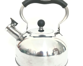 Vintage Stainless Steel Whistling Kettle, 18/10 Metal, Black Handle, Loud Whistle.