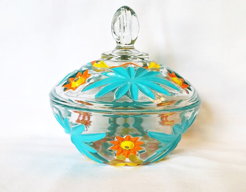 festive and multifunctional Beautiful vintage lidded jar is delightfully decorated in retro colors of turquoise and orange It/'s fun