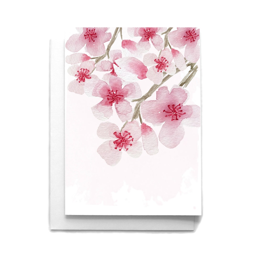 Cherry Blossom Watercolor Card: Hand-painted Blank Greeting Card - Etsy