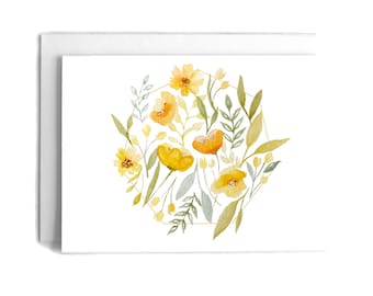 Yellow Watercolor Flowers Blank Card: Floral Stationery