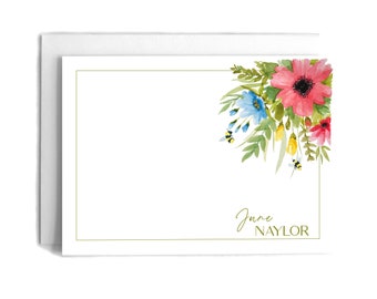 25 Flowers and Bees Personalized Notecards | Watercolor Personalized Stationery Set | Custom Flat Notecards w/ Name, Envelopes, Address