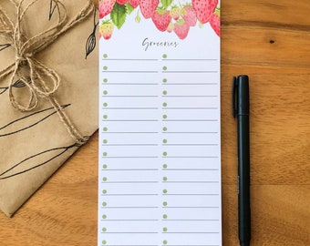 Notepad | Strawberry Notepad | Tear Off Grocery List | Desk Shopping List | Hand Painted Watercolor | 4 x 9 Magnet Notepad | Kitchen Notes