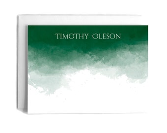 25 Watercolor Personalized Notecards | Green Watercolor Personalized Stationery Set | Custom Notecards w/ Name, Envelopes, Address for him