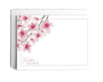 25 Cherry Blossom Personalized Notecards | Watercolor Cherry Blossom Personalized Stationery Set | Custom Notecards Name, Envelopes, Address