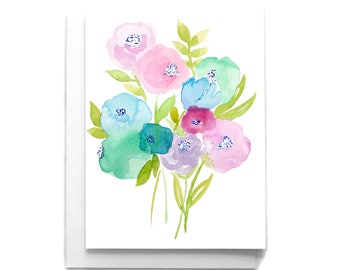 Hand-Painted Watercolor Flower Bouquet Card: Blank Inside