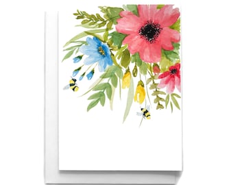 Watercolor Flowers and Bees Blank Card