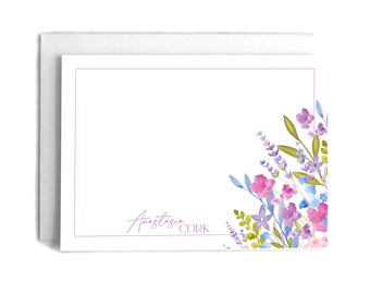 Watercolor Wildflowers Personalized Notecards: Custom Stationery Set