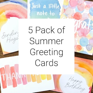 Paquete de 5 tarjetas de felicitación de verano / Colección de tarjetas de verano / Tarjetas de verano pintadas a mano con acuarela / Paquete múltiple de tarjetas de verano / Paquete de tarjetas arcoíris