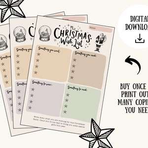 May include: Several Christmas wish list templates. Each sheet features sections for desired gifts, including "Something you want," "Something you need," "Something to wear," and "Something to read." The text "My Christmas Wish List" is at the top.
