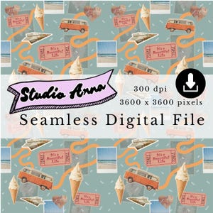 May include: A seamless digital file with a repeating pattern of orange vintage vans, ice cream cones, paper airplanes, and beach scenes on a teal background. The design includes the text "Studio Anna" and "Seamless Digital File".