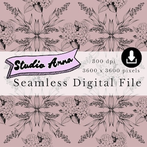 Seamless Pattern Tile Design,  hydrangea lavender botanical line art, repeating pattern file, for surface pattern, fashion, interiors