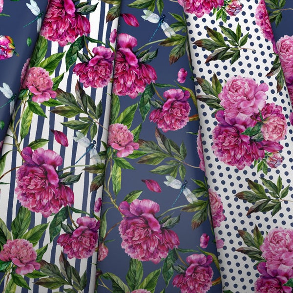 Peony Love Floral Fabric Aquarelpeonies en Handdrawn Dots & Stripes; Fuchsia op Navy print: gezien HD jersey fleece door de halve yard