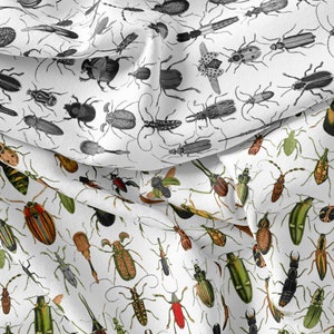 Premium quality cotton fabric vintage bugs insects beetles retro style custom digital print on sateen HD jersey fleece by the half yard