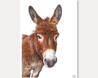 donkey card,donkey, printed card, animal lovers,watercolor,animal card, home decoration, donkey face, postal card, illustration, painting