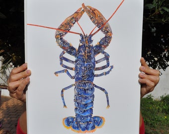 Aquarelle homard, homard bleu, peinture mer, bleu, la rochelle