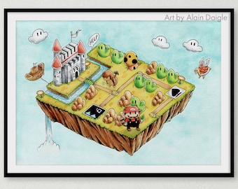 SUPER MARIO BROS 3 World 1-1 3D Aquarelle Art Map Print, Jeu vidéo Art, Game Room Artwork dans différentes tailles