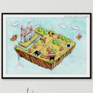 SUPER MARIO BROS 3 World 1-1 3D Aquarell Kunst Karte Druck, Videospiel Kunst, Game Room Kunstwerk in verschiedenen Größen
